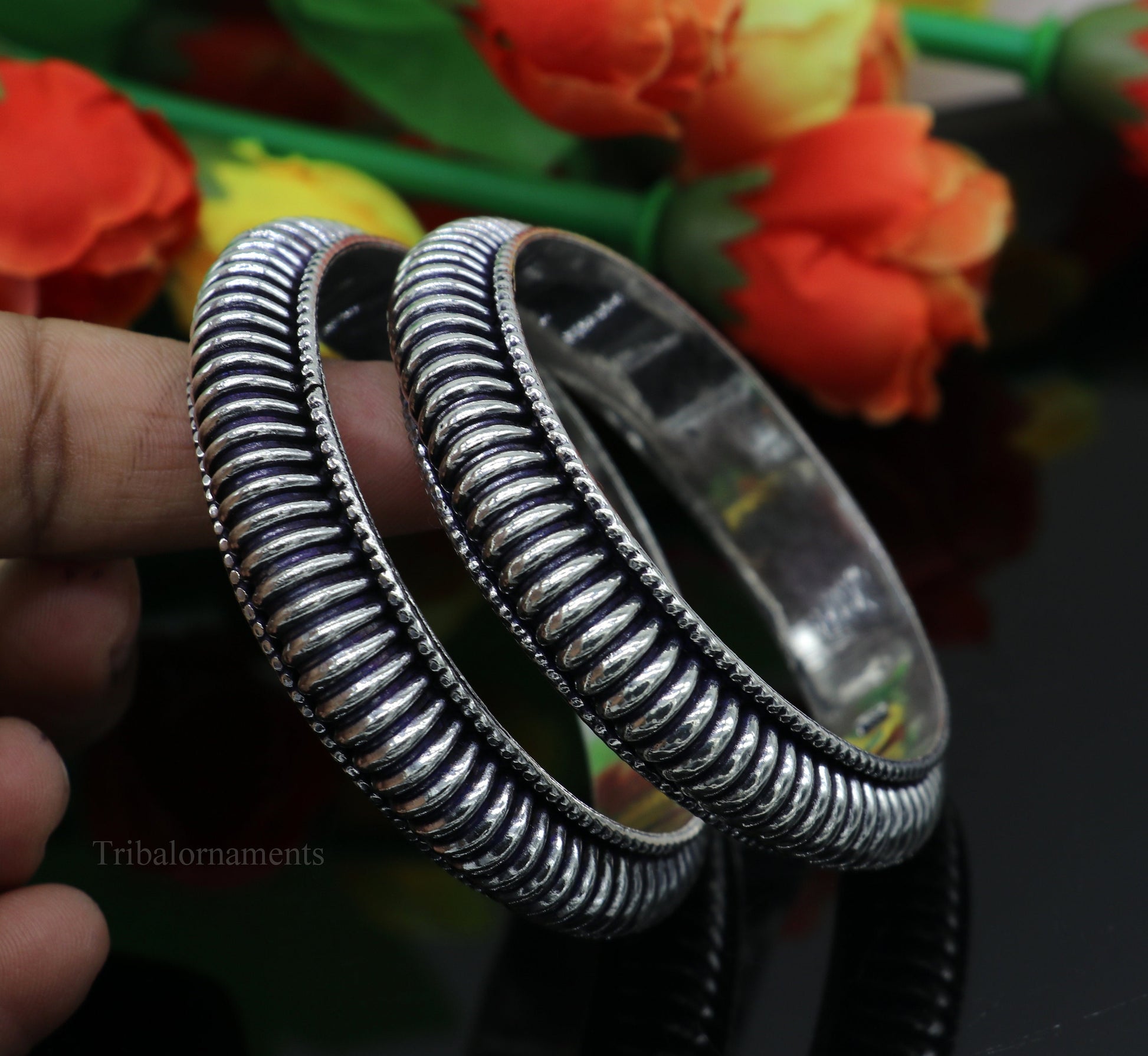 Sterling silver handmade Indian traditional bangle bracelet with vintage tribal design, stylish jewelry for brides or gifting.