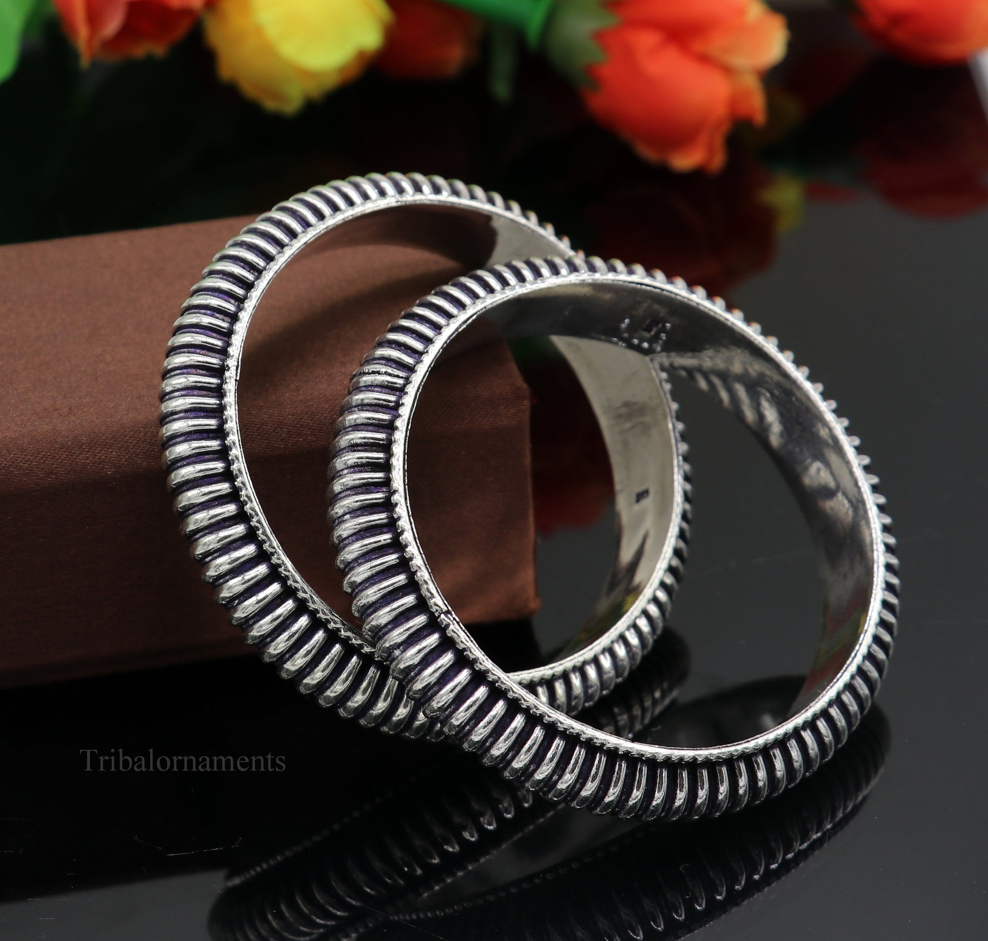 Sterling silver handmade Indian traditional vintage bangle bracelet with intricate tribal design, stylish bridal jewelry by TRIBAL ORNAMENTS