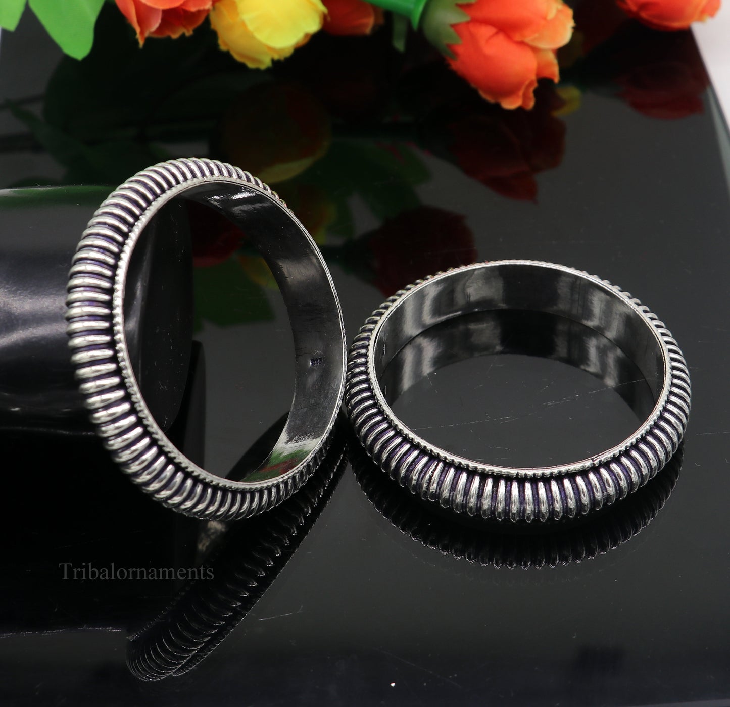 Sterling silver handmade Indian traditional bangle bracelet with vintage tribal design, stylish bridal jewelry from TRIBAL ORNAMENTS.