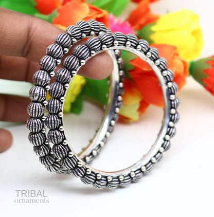 Vintage 925 sterling silver tribal bangle bracelet with intricate Indian design, stylish and handmade for brides and jewelry lovers.
