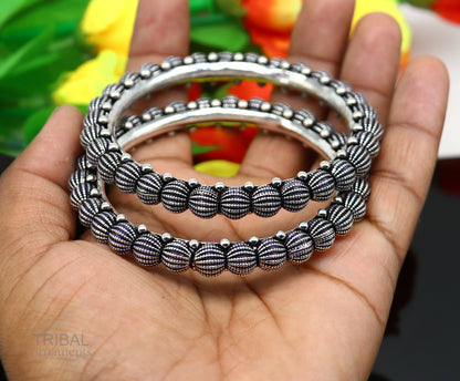Sterling silver vintage bangle bracelet with tribal design, handmade Indian jewelry for stylish brides, by TRIBAL ORNAMENTS.