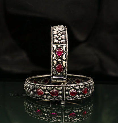 Sterling silver vintage tribal bangle bracelet with intricate design, perfect for brides and traditional jewelry styling.