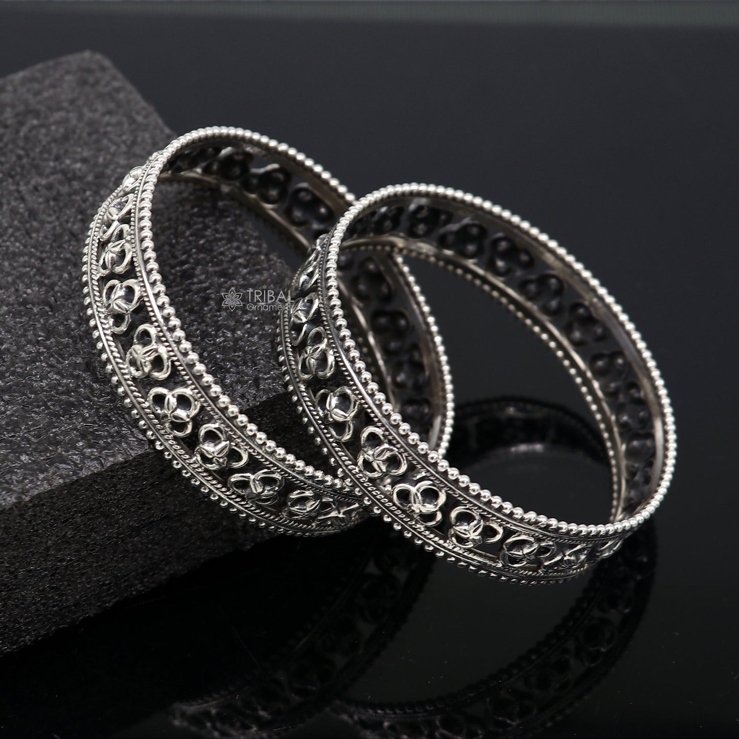 925 sterling silver tribal bangle bracelet with trendy cultural design from TRIBAL ORNAMENTS, featuring intricate tribal jewelry details.