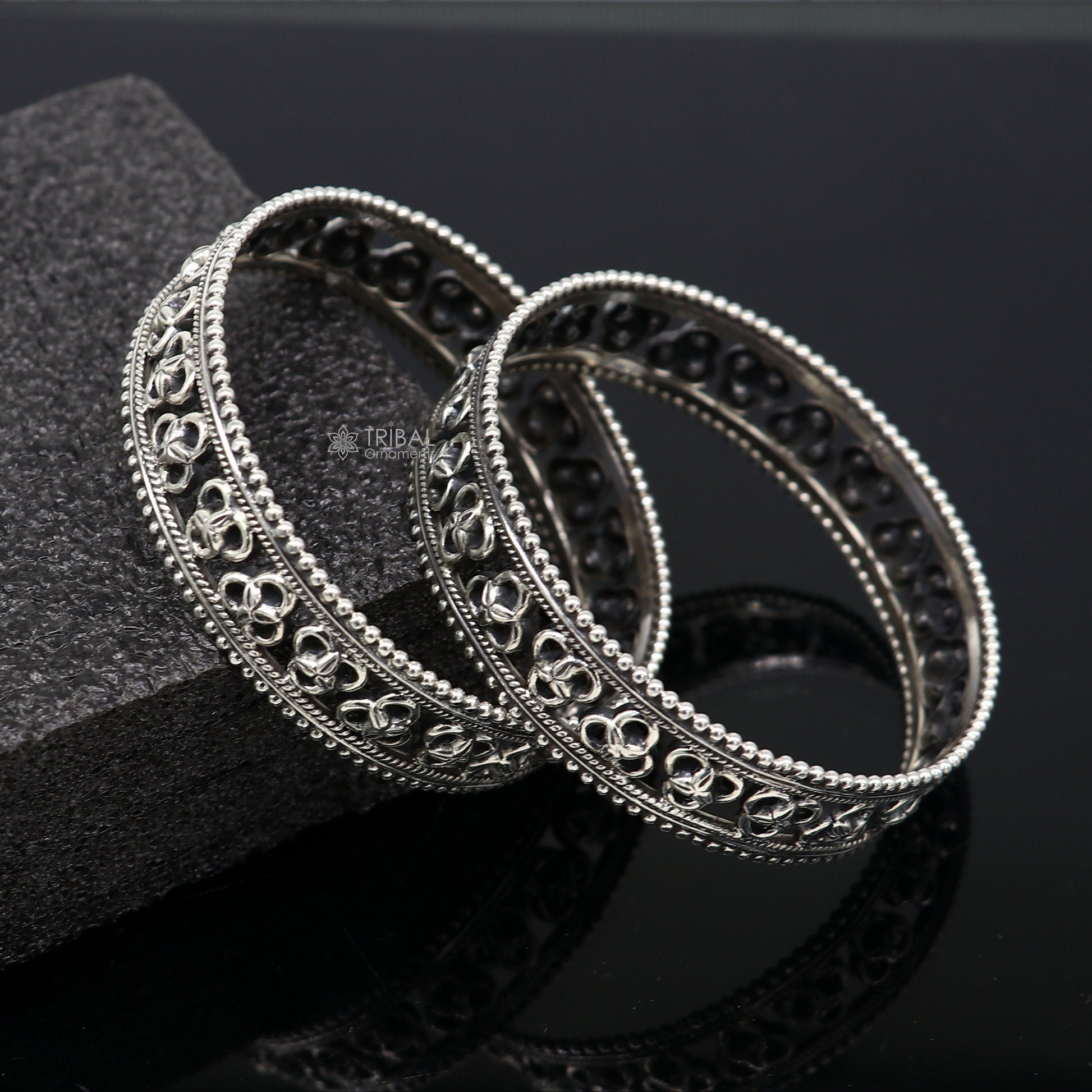 925 sterling silver tribal bangle bracelet with trendy cultural design from TRIBAL ORNAMENTS, featuring intricate tribal jewelry details.