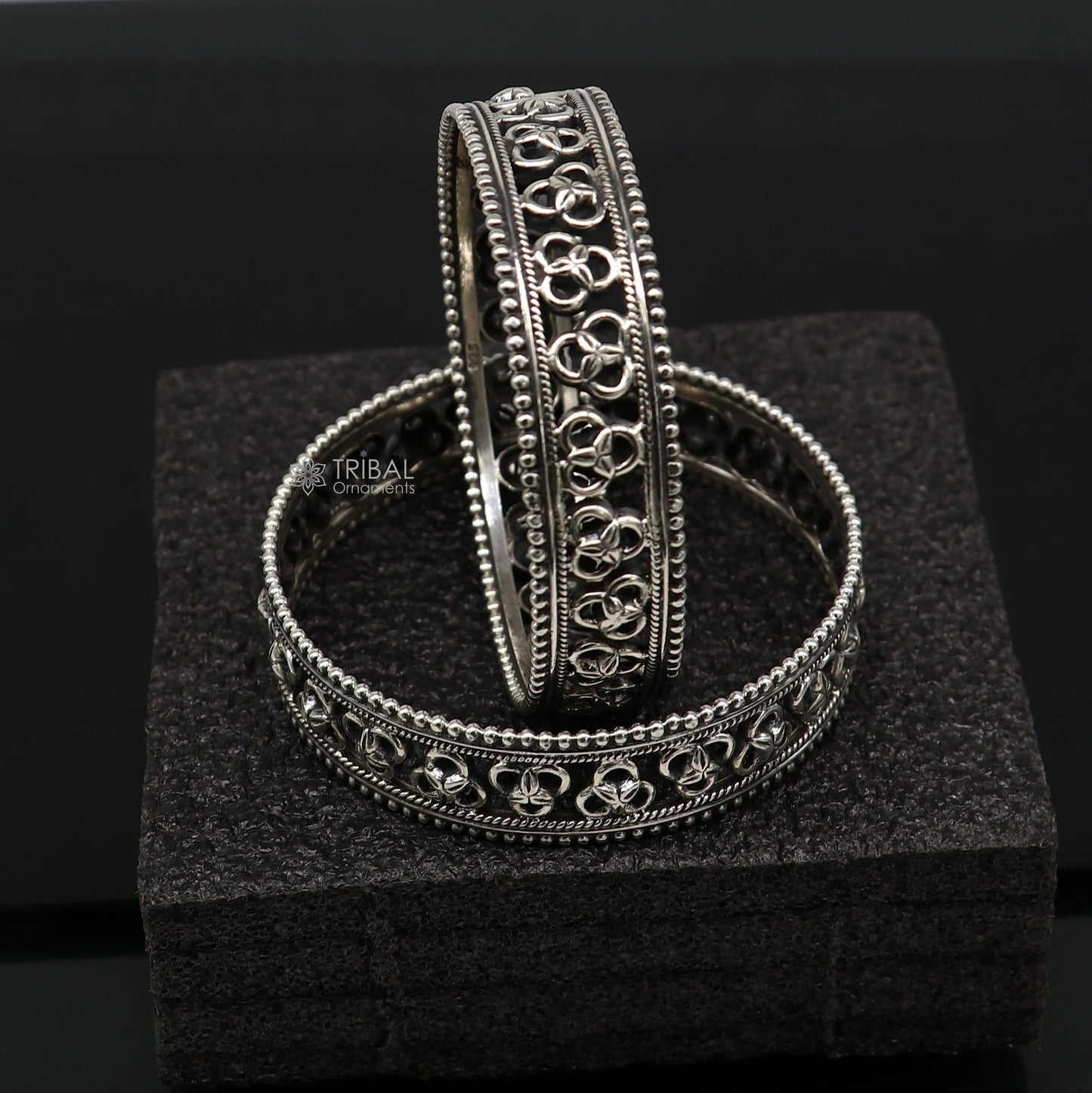 925 sterling silver tribal bangle bracelet with trendy cultural design from TRIBAL ORNAMENTS, featuring intricate tribal jewelry details.