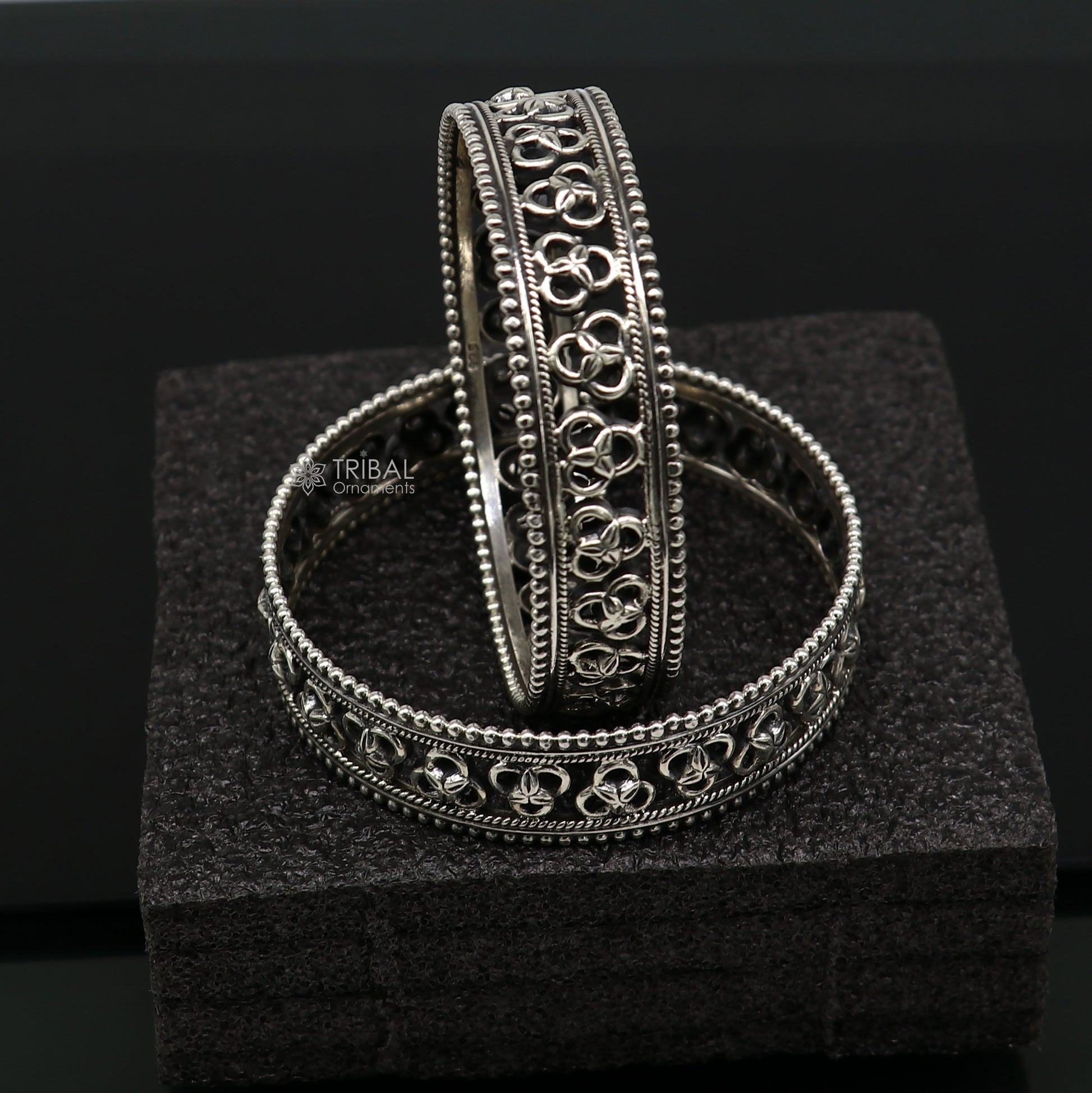 925 sterling silver tribal bangle bracelet with trendy cultural design from TRIBAL ORNAMENTS, featuring intricate tribal jewelry details.