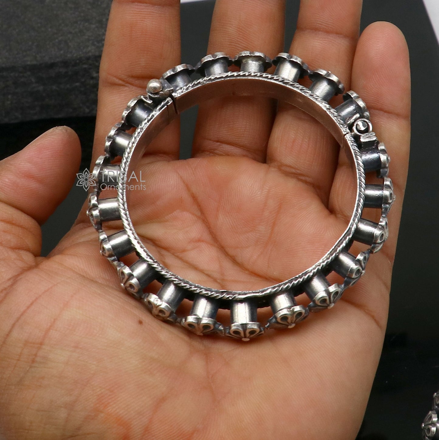 925 sterling silver tribal floral bangle bracelet by TRIBAL ORNAMENTS, featuring intricate tribal design for brides and special occasions.