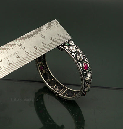Sterling silver vintage pink stone bangle bracelet with tribal design, stylish and stunning jewelry by TRIBAL ORNAMENTS.