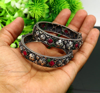 Sterling silver vintage pink stone bangle bracelet with tribal design, stylish and elegant jewelry by TRIBAL ORNAMENTS.