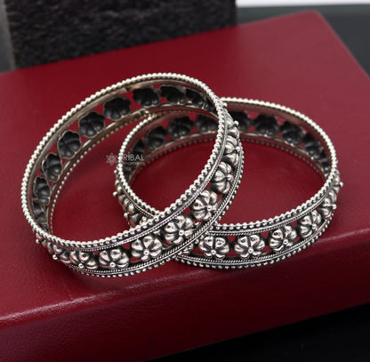 Sterling silver flower design bangle bracelet by TRIBAL ORNAMENTS, handcrafted wedding jewelry for brides, Indian jewelry style.