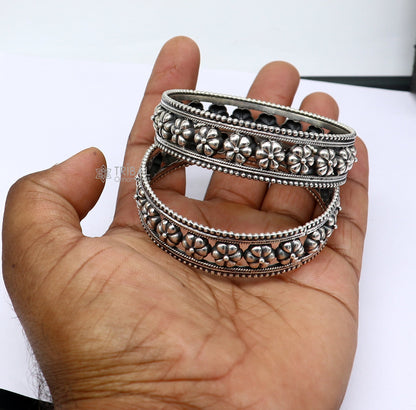 Sterling silver flower design bangle bracelet by TRIBAL ORNAMENTS, handcrafted wedding jewelry for brides, Indian wedding bangle.