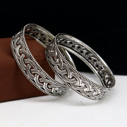 Floral style 925 sterling silver bangle bracelet by TRIBAL ORNAMENTS, featuring intricate tribal and ethnic design for brides and fashion.