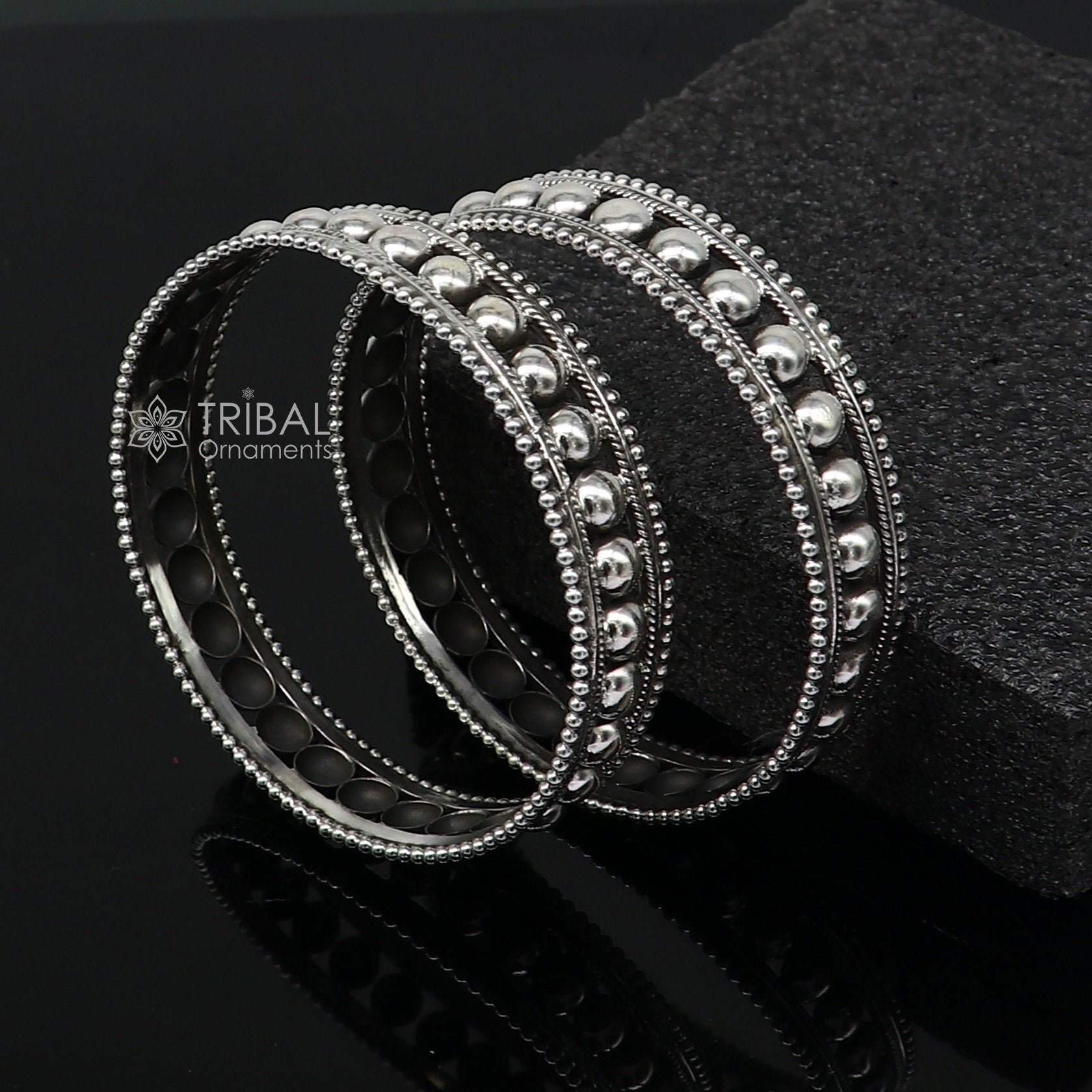 Tribal Ornaments 925 sterling silver bangle bracelet with trendy cultural design, handcrafted for bridal and wedding jewelry collection.
