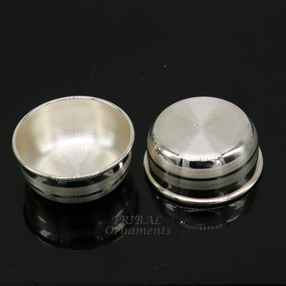 Handmade 999 fine solid silver small puja bowl, traditional temple puja utensil with intricate design from India.
