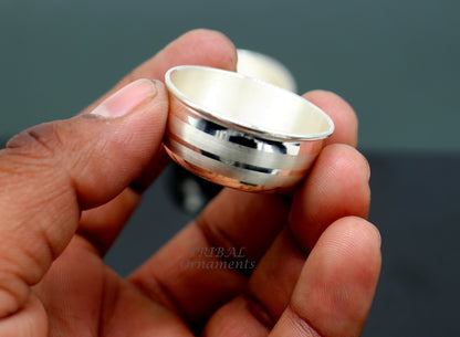 Small handmade silver puja bowl from TRIBAL ORNAMENTS, 999 fine solid silver temple accessory for Indian religious rituals.