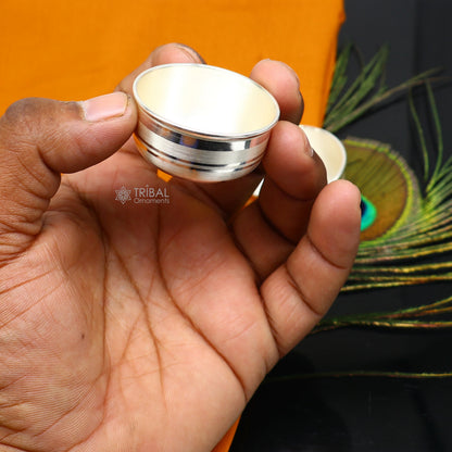 Small handmade silver puja bowl from Tribal Ornaments, pure 999 fine solid silver temple accessory for religious rituals.