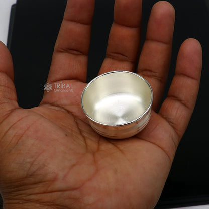 Handmade small silver puja bowl by TRIBAL ORNAMENTS, crafted from 999 fine solid silver for temple puja and religious rituals.