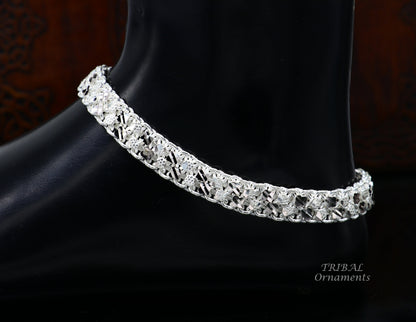 Gorgeous flexible sterling silver anklet with vintage tribal design, handmade tribal jewelry, showcasing intricate craftsmanship.