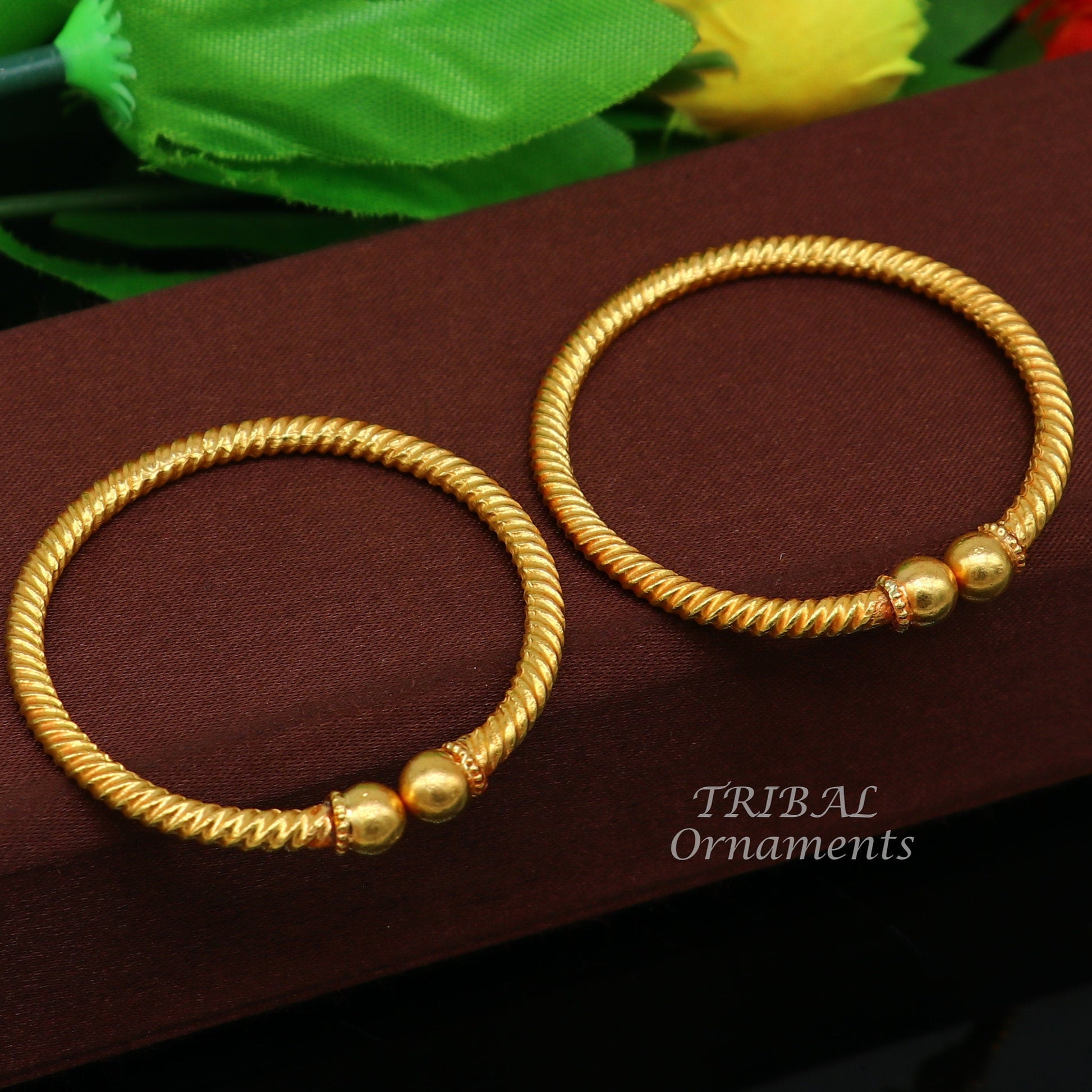 22K yellow gold handmade baby bangle featuring vintage ball face design, hallmarked certified jewelry for kids by TRIBAL ORNAMENTS.