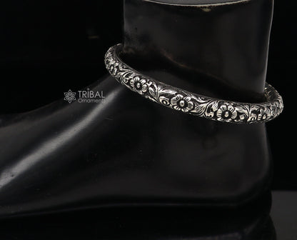 925 sterling silver vintage tribal ankle bracelet with antique design, handmade oxidized foot kada, ethnic silver jewelry.