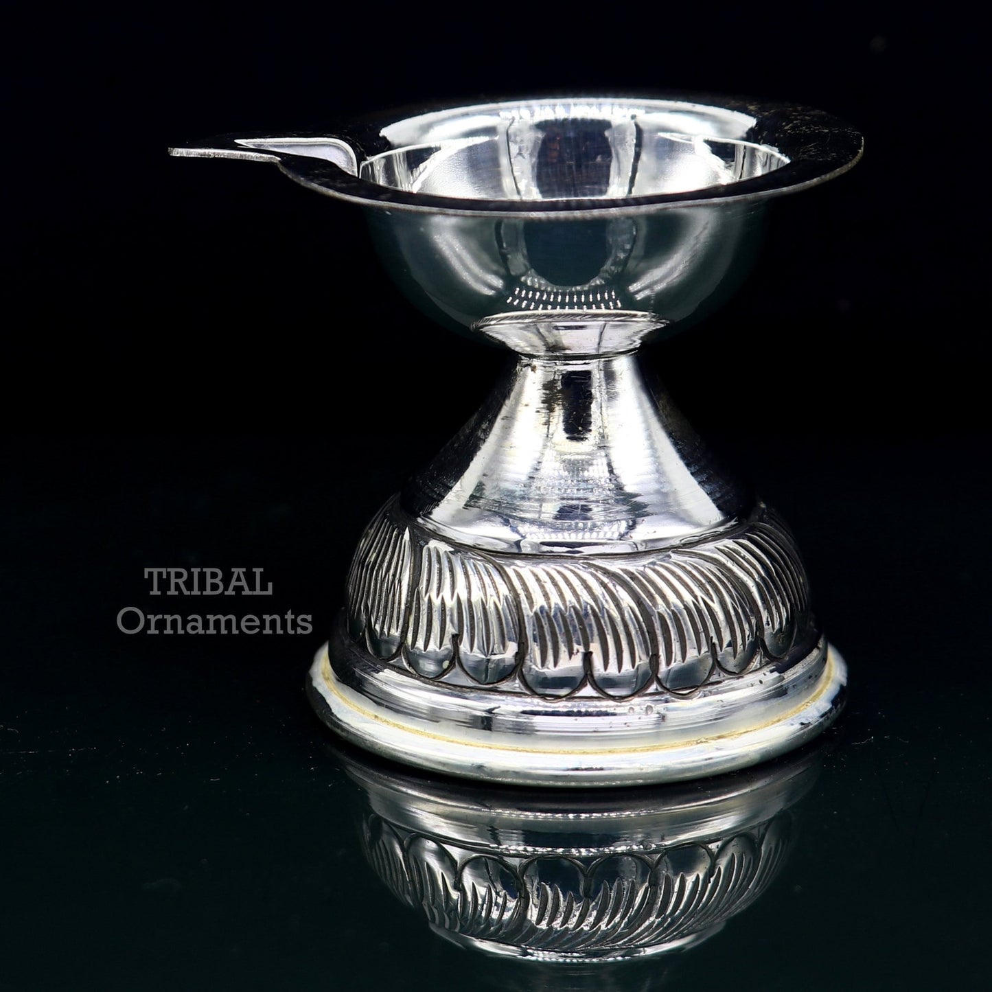 Sterling silver oil lamp featuring customized chitai and kandrai work, traditional Deepak for puja, by TRIBAL ORNAMENTS.