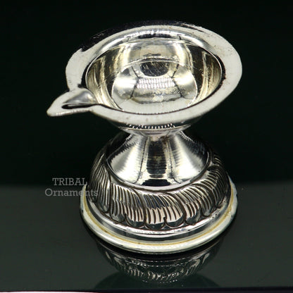 925 sterling silver customized chitai work Deepak oil lamp with intricate kandrai design, ideal for puja and temple decor.