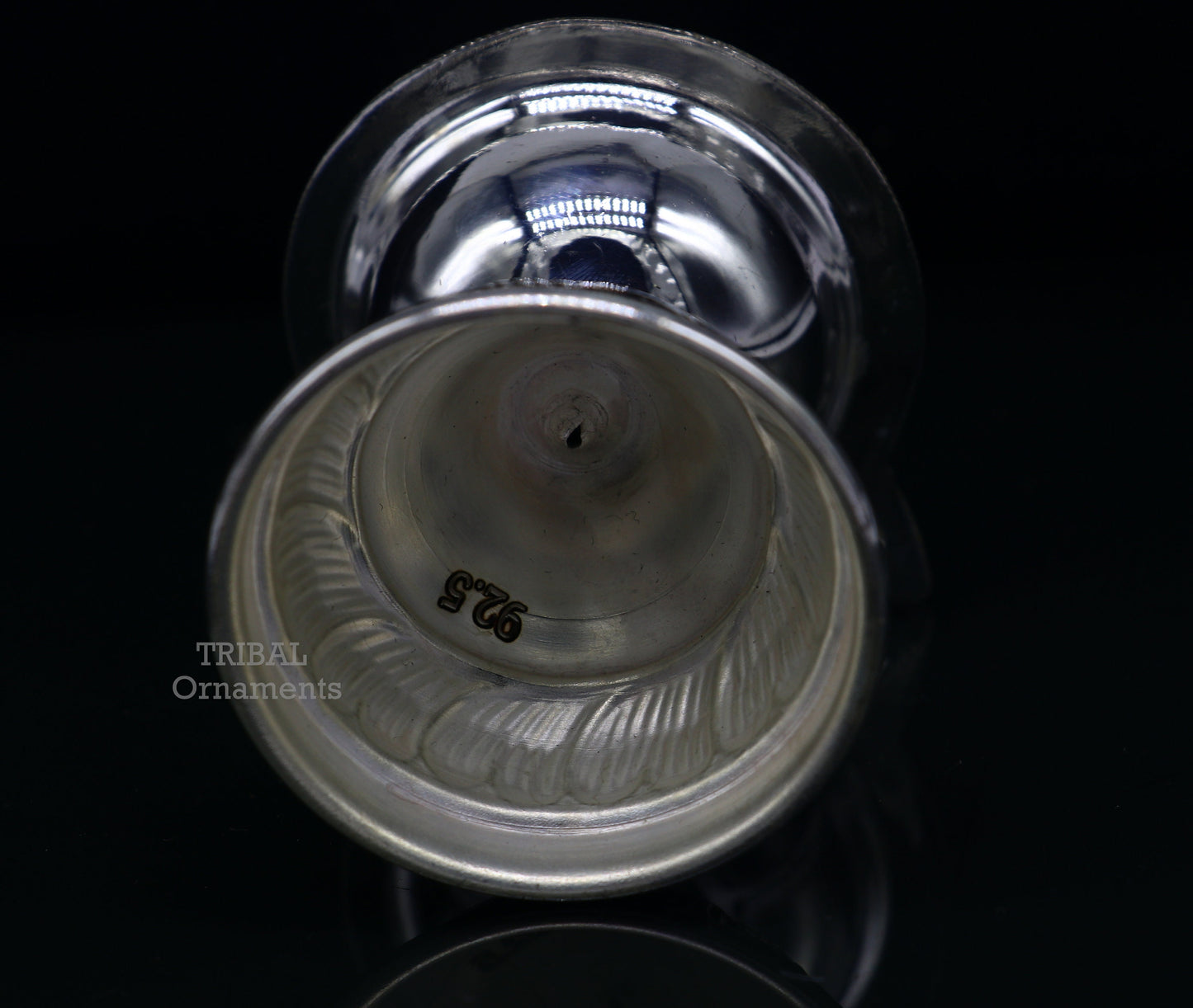 Sterling silver customized Chitai work oil lamp with Kandrai design, traditional Deepak for puja and temple decor.