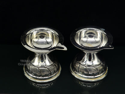925 sterling silver customized chitai work oil lamp, traditional deepak for puja, tribal ornaments silver temple article