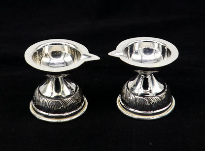 925 sterling silver customized chitai work oil lamp, traditional silver Deepak for puja, temple decor, and ceremonial use.