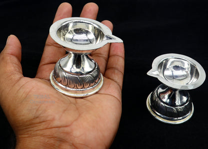 925 sterling silver custom chitai and kandrai work oil lamp, decorative Deepak for puja, temple, and ritual worship.