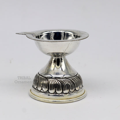 925 sterling silver customized chitai and kandrai work oil lamp, traditional silver Deepak for puja and temple rituals.