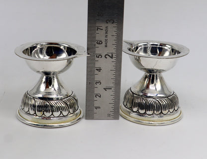 925 sterling silver customized chitai work oil lamp, traditional silver Deepak with intricate temple design for puja rituals.