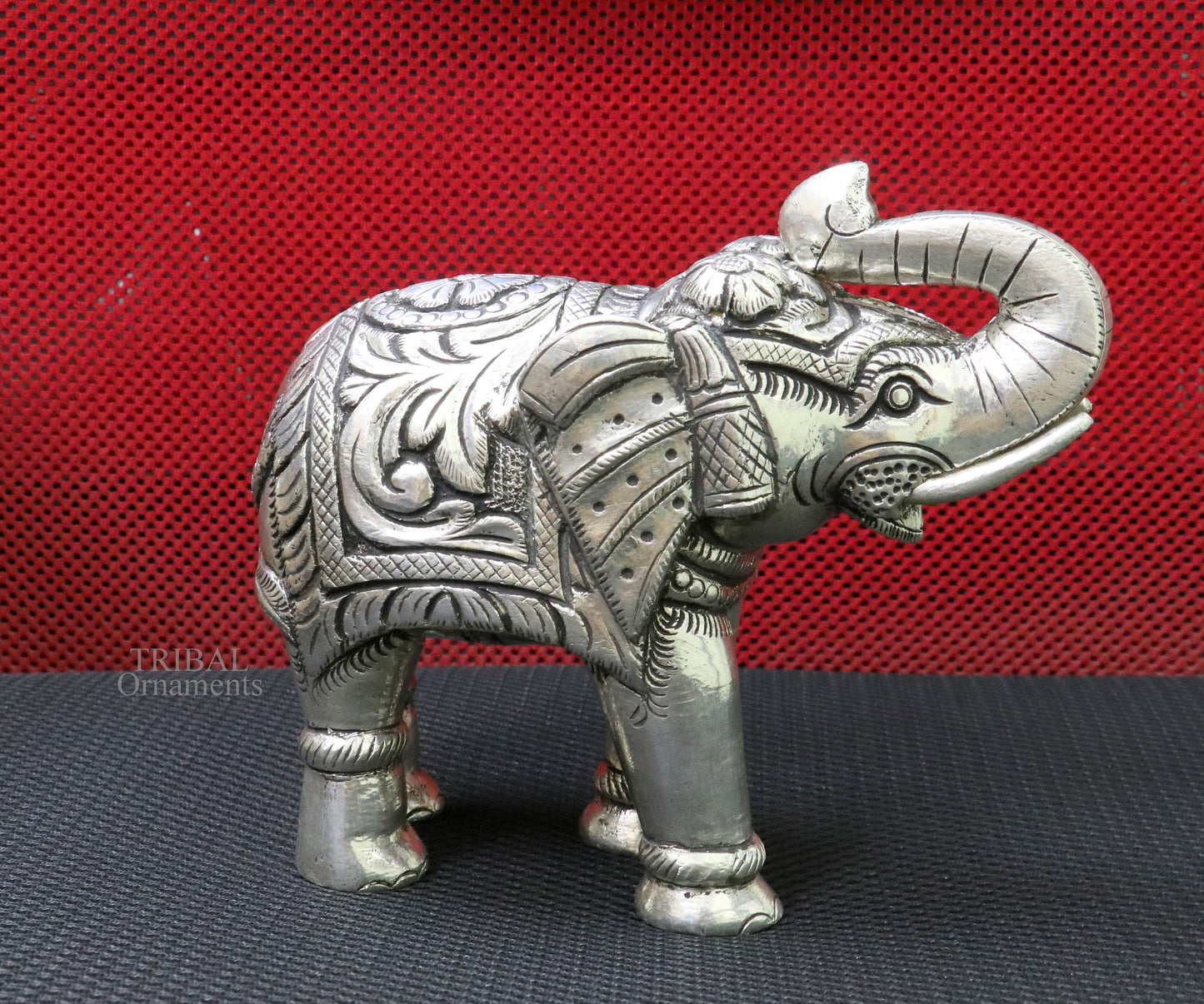 5" 999 fine silver Nakshi work design wooden base upper trunk Elephant statue, puja article figurine, home wealth and prosperity art531 - TRIBAL ORNAMENTS
