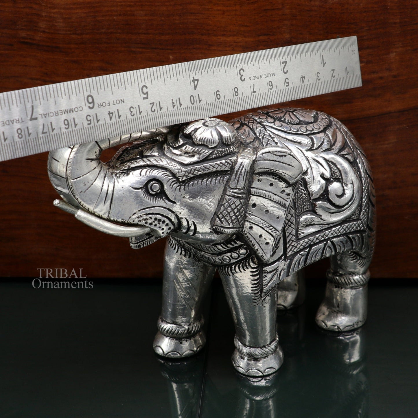 5" 999 fine silver Nakshi work design wooden base upper trunk Elephant statue, puja article figurine, home wealth and prosperity art531 - TRIBAL ORNAMENTS