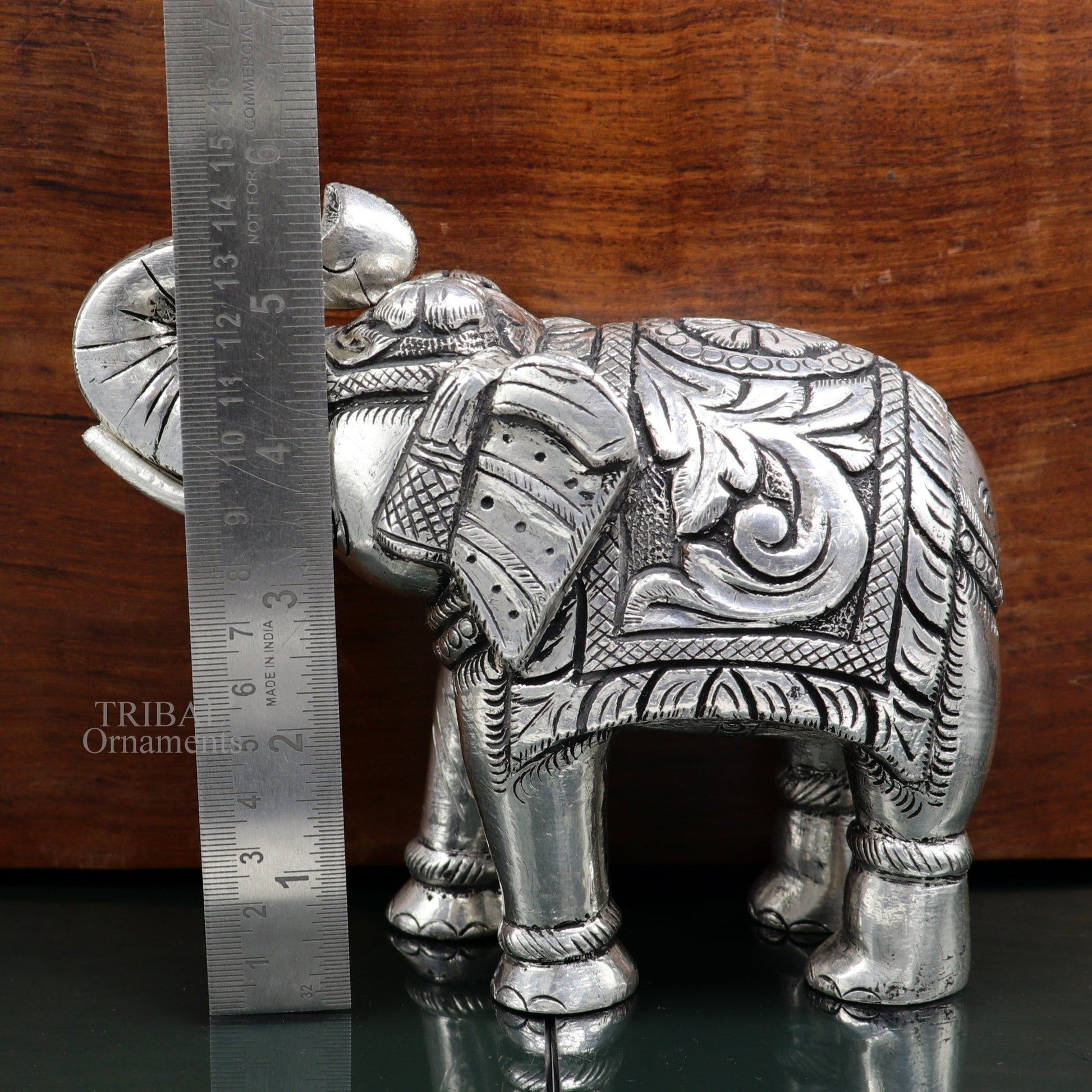 5" 999 fine silver Nakshi work design wooden base upper trunk Elephant statue, puja article figurine, home wealth and prosperity art531 - TRIBAL ORNAMENTS