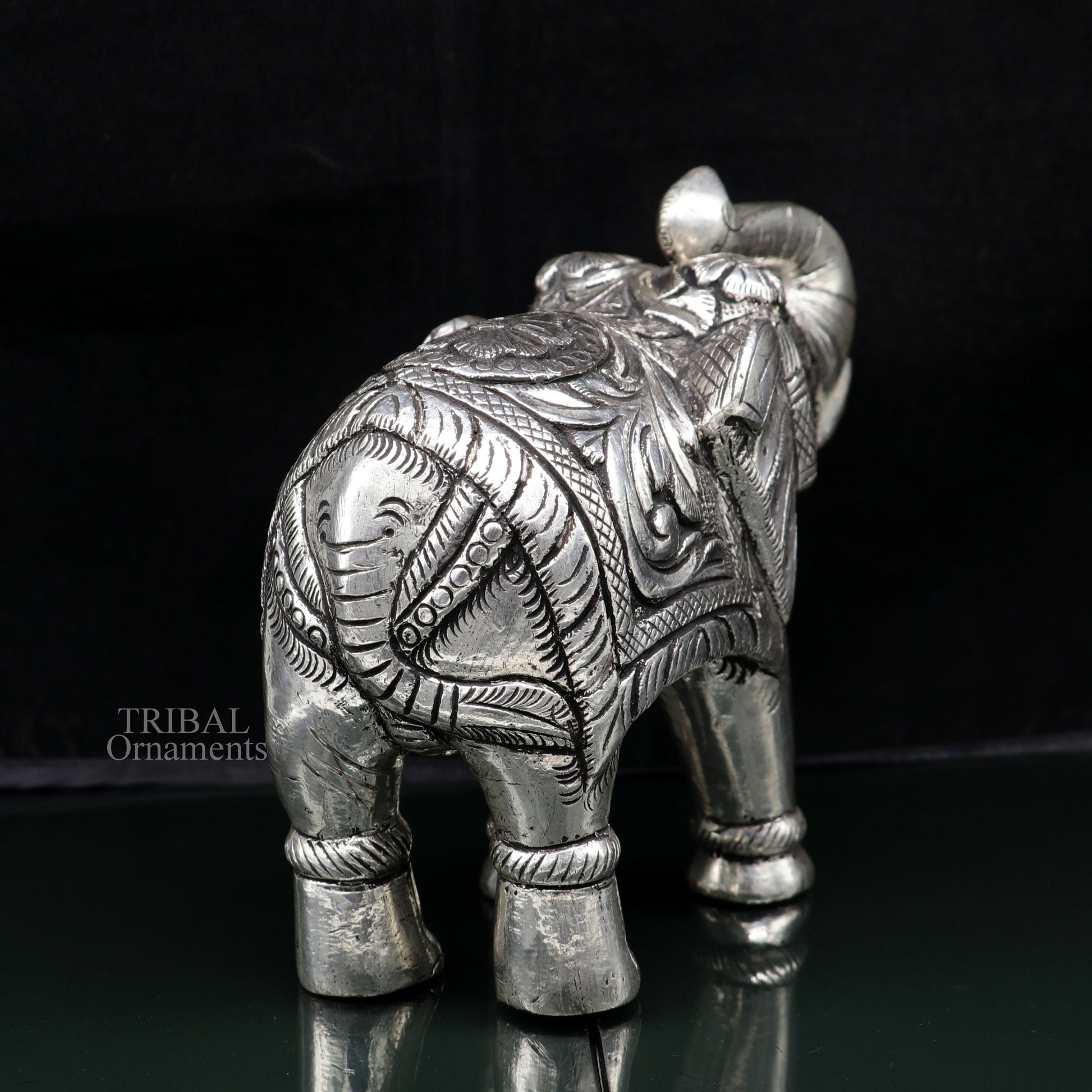 5" 999 fine silver Nakshi work design wooden base upper trunk Elephant statue, puja article figurine, home wealth and prosperity art531 - TRIBAL ORNAMENTS
