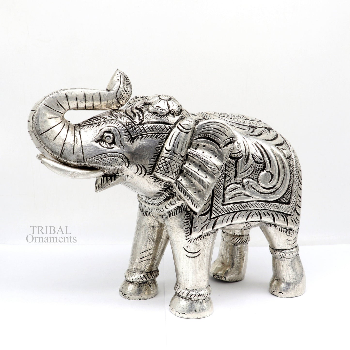 6" 999 fine silver handcrafted Nakshi design wooden base upper trunk Elephant statue puja article figurine for wealth & prosperity art532 - TRIBAL ORNAMENTS