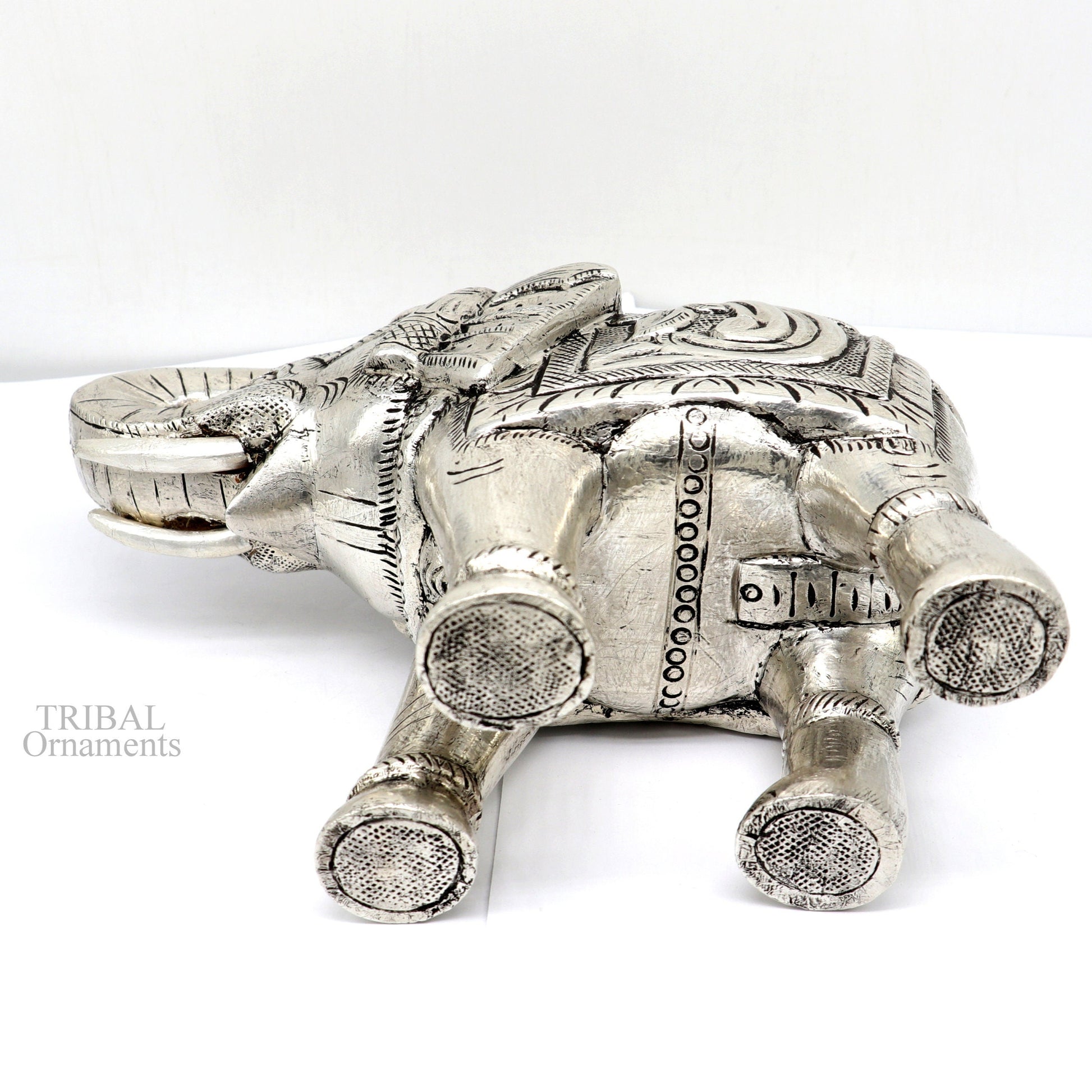 6" 999 fine silver handcrafted Nakshi design wooden base upper trunk Elephant statue puja article figurine for wealth & prosperity art532 - TRIBAL ORNAMENTS