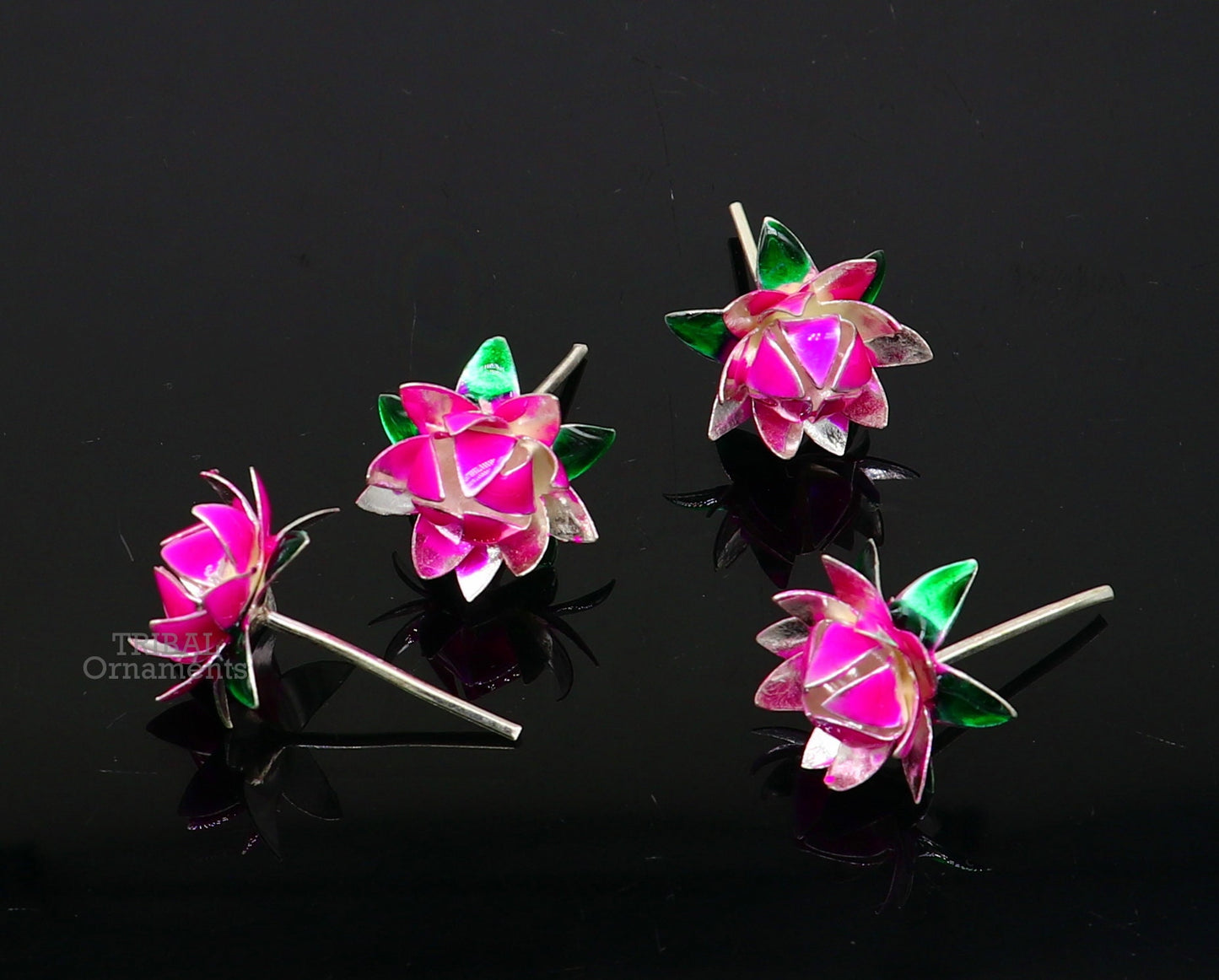 Handmade 925 sterling silver small lotus flower puja god temple article with colorful enamel, crafted by Tribal Ornaments.