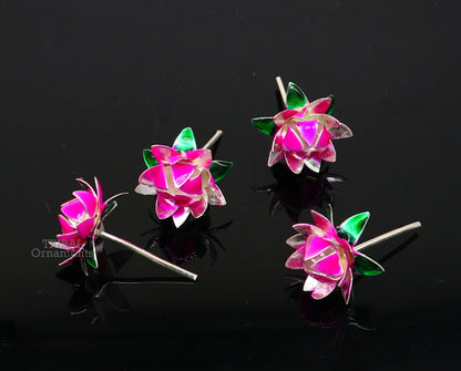 Handmade 925 sterling silver small lotus flower puja god temple article with colorful enamel, crafted by Tribal Ornaments.