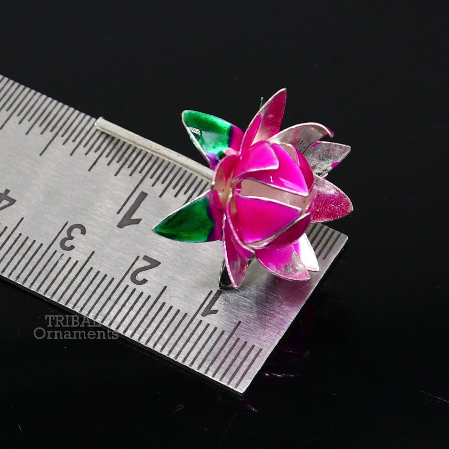 Small handmade 925 sterling silver lotus flower Puja god temple article with colorful enamel, crafted by TRIBAL ORNAMENTS.
