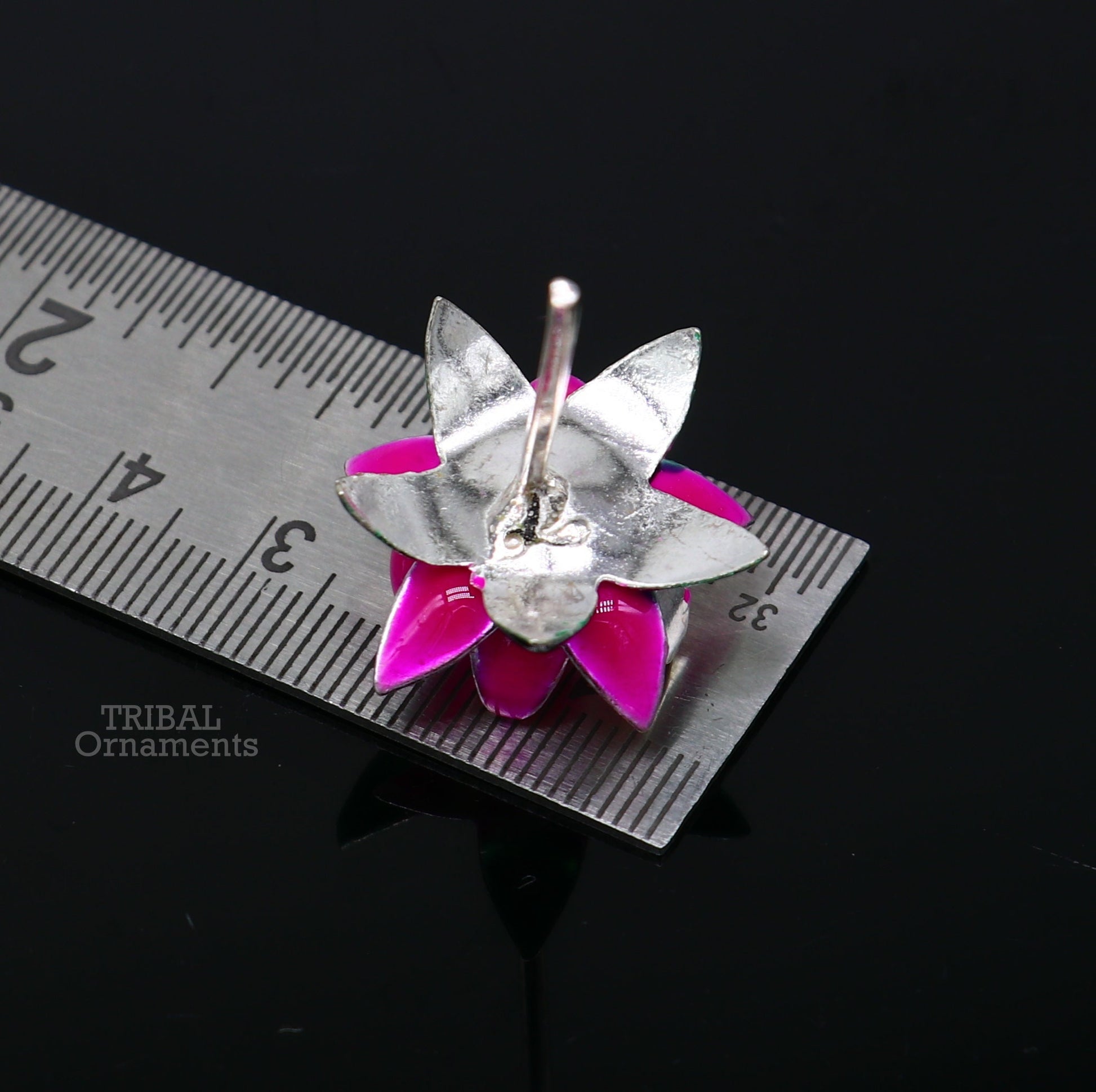 Handmade 925 sterling silver small lotus flower puja god temple article with colorful enamel, crafted by TRIBAL ORNAMENTS.