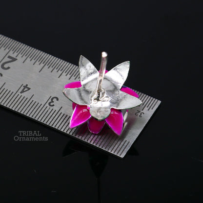 Handmade 925 sterling silver small lotus flower puja god temple article with colorful enamel, crafted by TRIBAL ORNAMENTS.