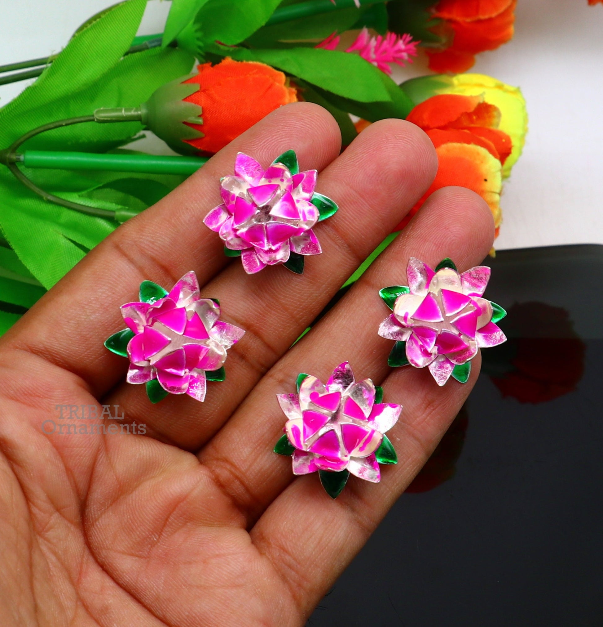 Handmade 925 sterling silver small lotus flower puja god temple article with colorful enamel detailing, crafted by TRIBAL ORNAMENTS.