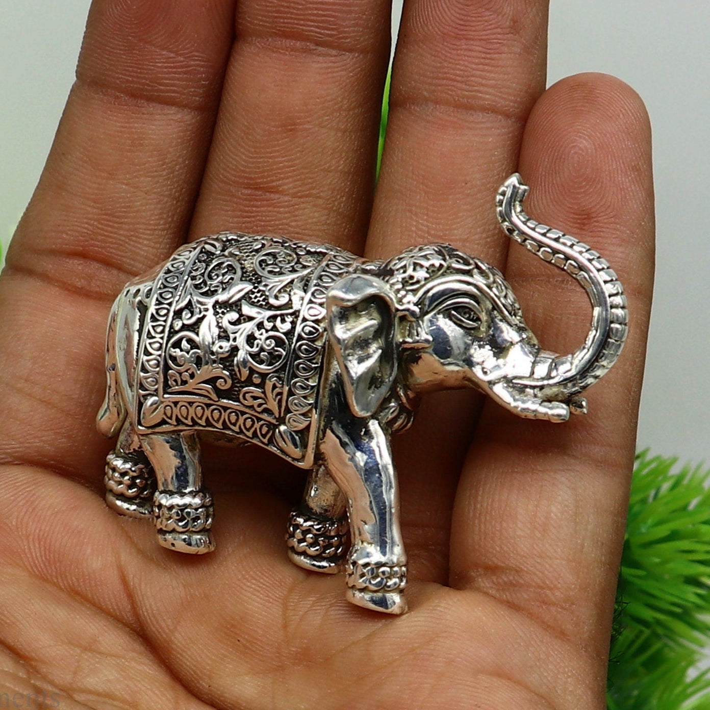 Pure 925 Sterling silver Kandrai work Nakshi design customized Elephant statue, puja article figurine, home décor puja articles art122 - TRIBAL ORNAMENTS