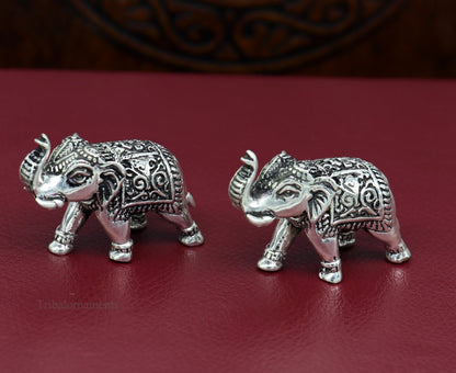 Pure 925 Sterling silver kandrai work nakshi design customized Elephant statue, puja article figurine, home décor puja articles su488 - TRIBAL ORNAMENTS
