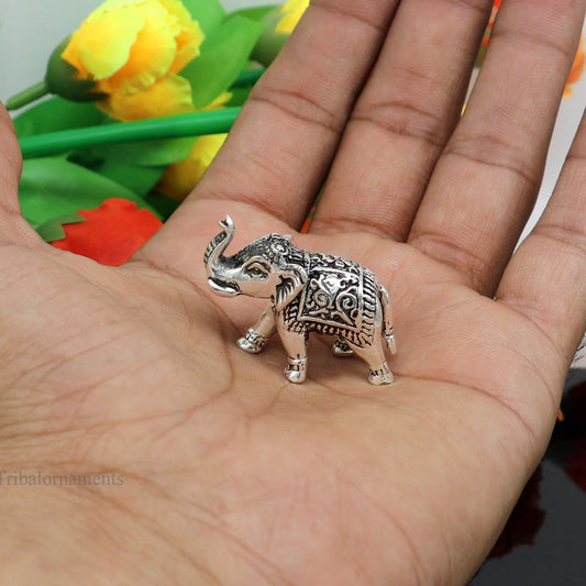 Pure 925 Sterling silver kandrai work nakshi design customized Elephant statue, puja article figurine, home décor puja articles su488 - TRIBAL ORNAMENTS