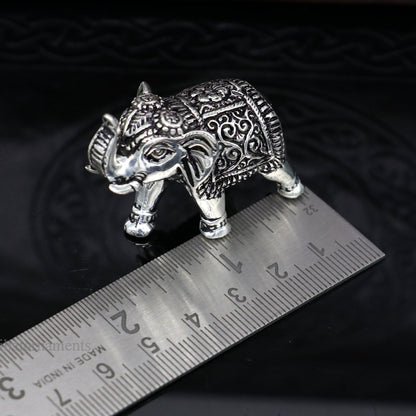 Pure 925 Sterling silver kandrai work nakshi design customized Elephant statue, puja article figurine, home décor puja articles su489 - TRIBAL ORNAMENTS