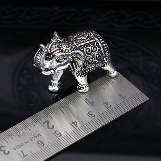 Pure 925 Sterling silver kandrai work nakshi design customized Elephant statue, puja article figurine, home décor puja articles su489 - TRIBAL ORNAMENTS
