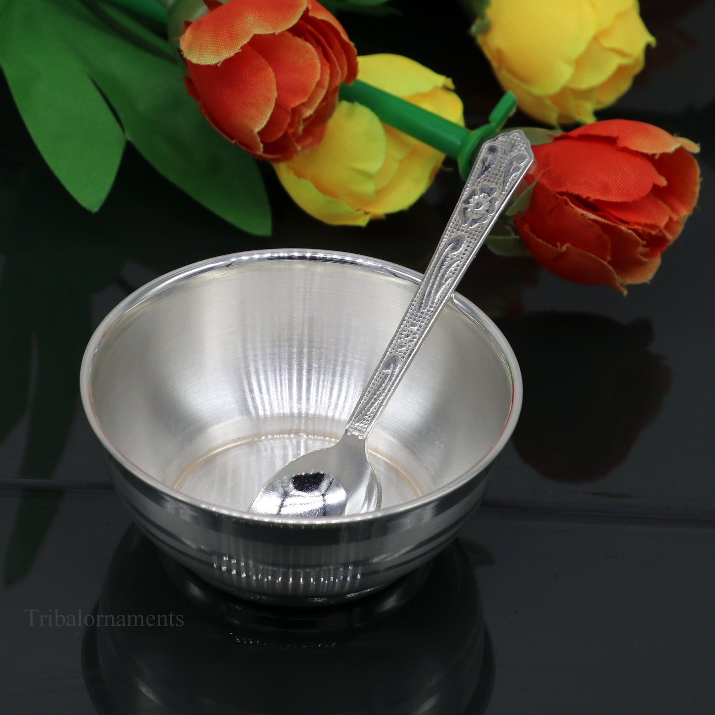 999 pure fine silver handmade utensils, silver article, silver vessel, silver accessories, silver puja art, silver baby bowl set sv242 - TRIBAL ORNAMENTS